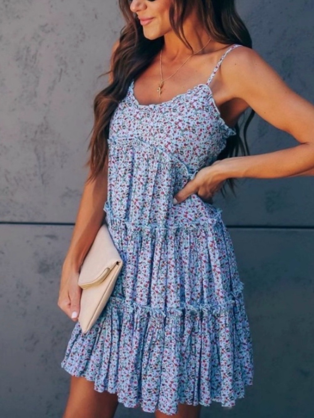 Vici Light Blue Floral Tiered Mini Dress